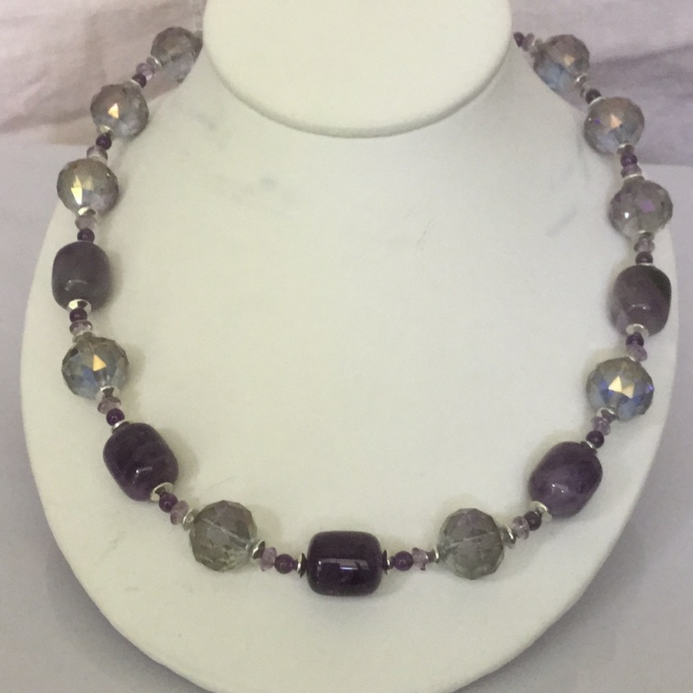 Vtg.20”NecklaceW/AmethystBarrel Beads&GlassCrystal - Picture 2 of 6